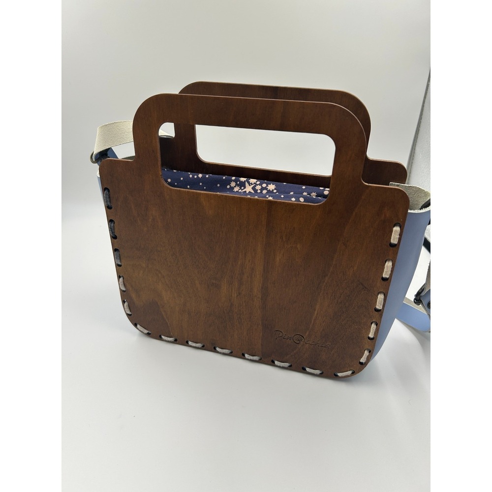 Wood Cut Panel & Baby Blue Leather Purse Lagenlook Celestial Bulgarian Handmade